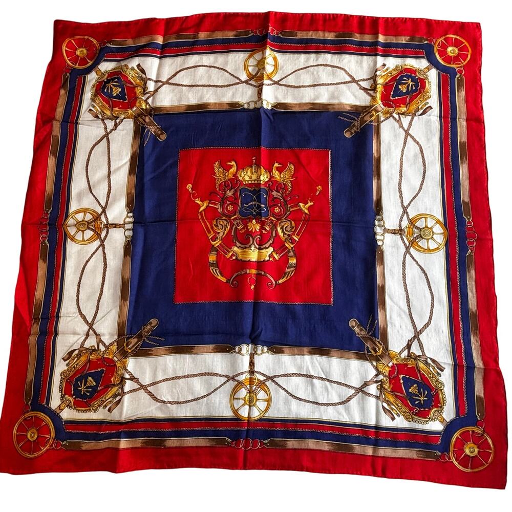 Vintage Silk scarf red white blue gold medallion style sheer 32"square